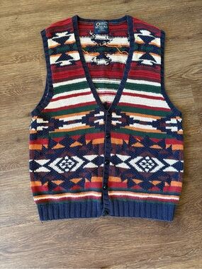 Vintage 90s Muskoka Lakes Branded Button Down Sweater Vest Aztec Pattern Size XL